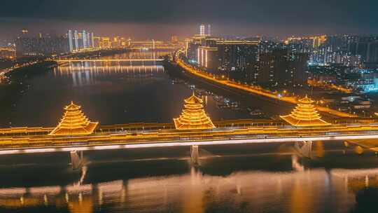柳州凤凰岭大桥-侗族风雨桥夜景航拍延时