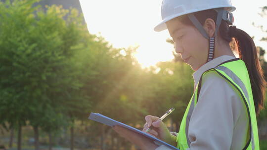 中国人女工程师戴建筑头盔工作记录