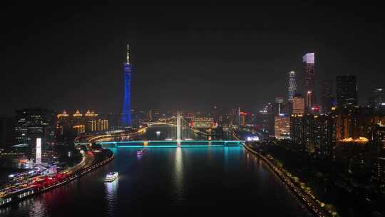 广州市珠江夜景航拍广东塔猎德大桥夜晚风光视频素材模板下载