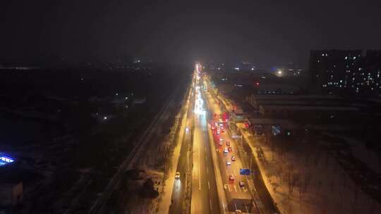 航拍城市雪夜景石家庄