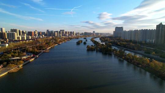 航拍山西太原南内环桥夕阳