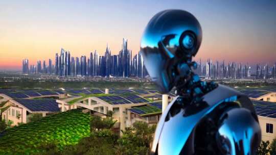 机器人眺望未来城市景观