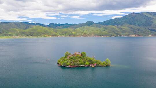 云南丽江泸沽湖泊王妃岛自然风光航拍延时视频素材模板下载
