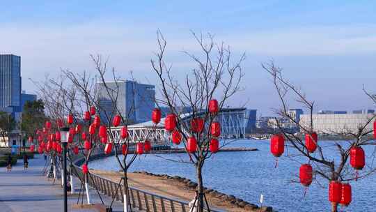 上海临港滴水湖畔 春节喜庆灯笼