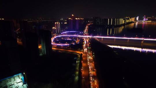 航拍夜晚城市道路交通车流