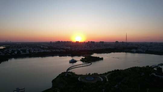 城市夕阳晚霞日落航拍东营日落