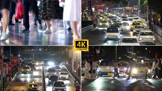 城市夜晚街头行人车流高清在线视频素材下载