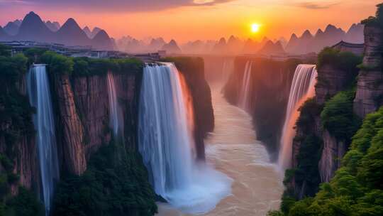 壮丽瀑布在夕阳下的震撼景象