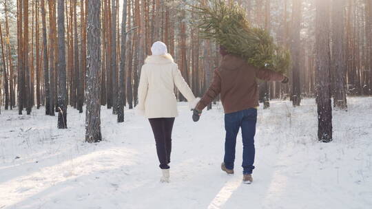 男人扛着圣诞树牵着自己妻子的手走在森林的雪地里