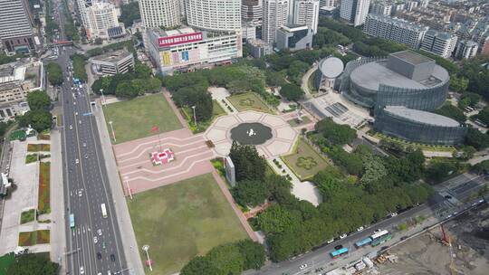 航拍福建福州五一广场，福州大剧院