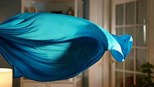 室内飘动的蓝色绸布