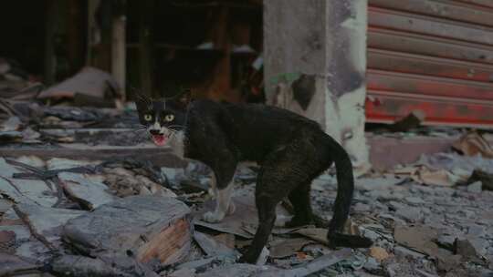 烧毁的城市里的一只可怜的猫