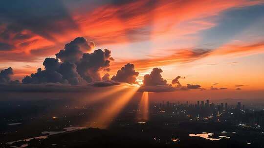 航拍落日晚霞延时 云 丁达尔效应4K