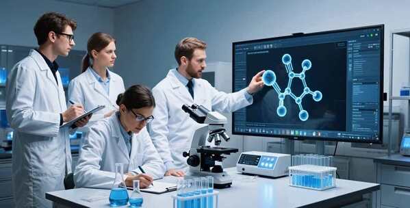 实验室科研人员探讨实验数据