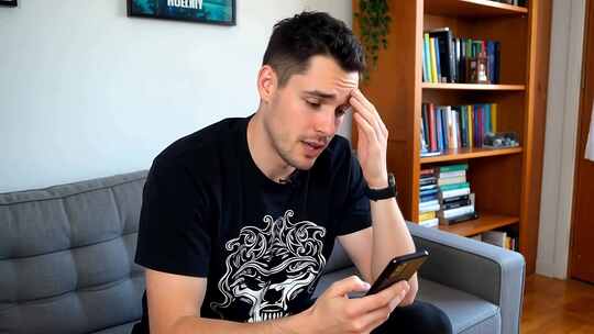 男子沙发上专注看手机