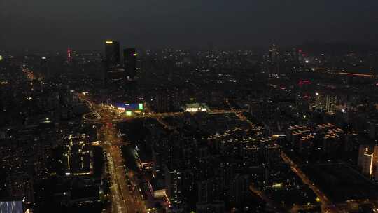 晚上航拍南京城市交通车流高楼林立