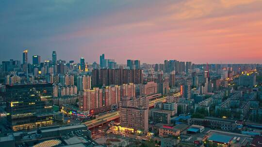 中国东北辽宁沈阳城市风景夜景晚霞航拍