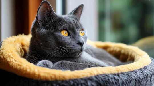 慵懒灰猫舒适猫窝享受惬意时光