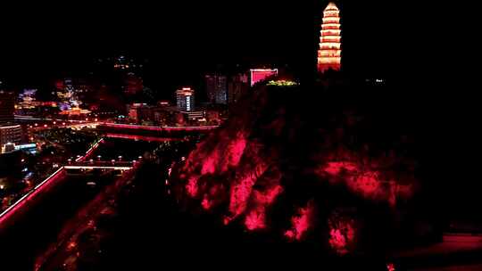 4K航拍陕西延安市夜景灯光风景