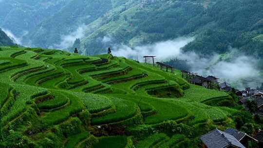 航拍郊区山脉和古镇旅游区