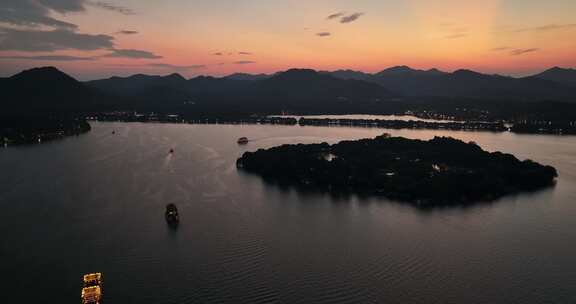 航拍杭州西湖日落美景