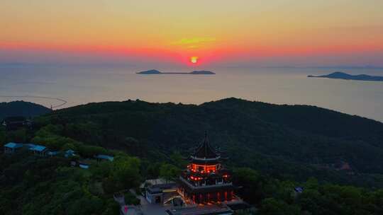 苏州太湖渔洋山景区日落航拍