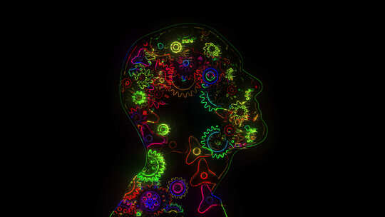 人类头部轮廓和齿轮一起工作发光