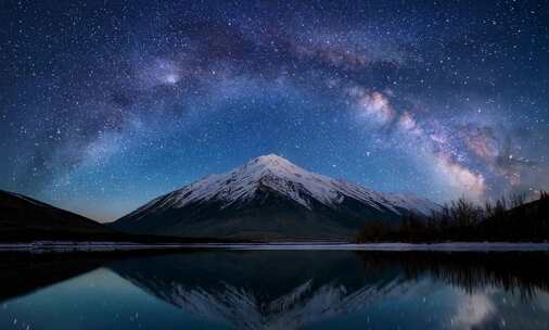 雪山下夜晚的星空银河延时