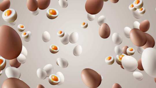 许多棕色和白色鸡蛋落在白色渐变背景上的慢
