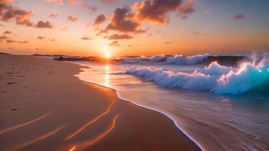 海滩日落海浪全景