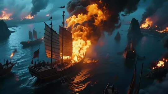 海上燃烧的帆船战斗场景