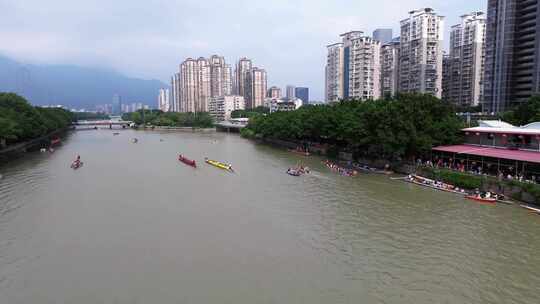 航拍端午节龙舟竞渡福建福州光明港龙舟赛