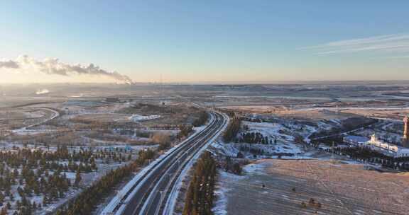 呼伦贝尔G332国道冬季雪景航拍