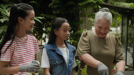 老年妇女和两个孙女正在种植室内植物