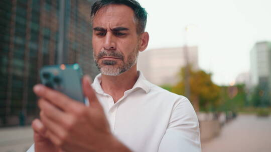 留着整齐胡子的成熟商人使用手机。成功人士在智能手机上滚动浏览信息和消息