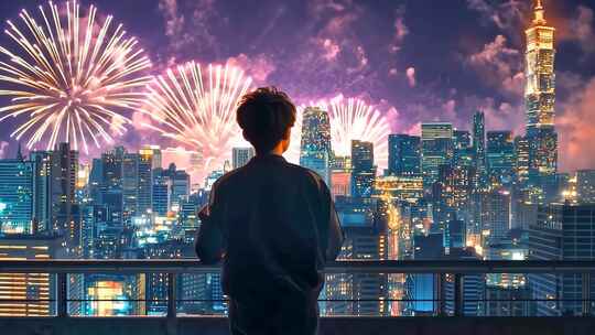 观赏人群城市夜景烟花色彩 灯光映照建筑轮