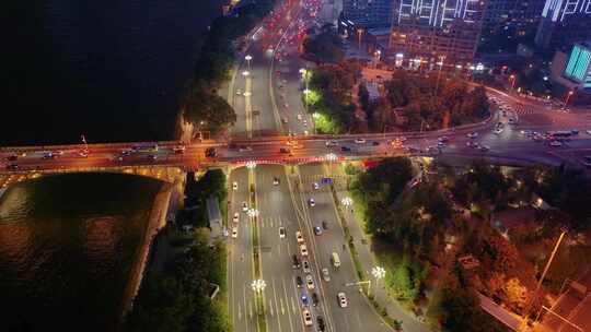 长沙夜景橘子洲大桥湘江中路车流交通航拍立