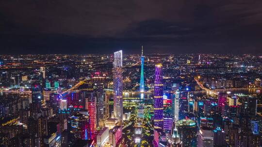 广州珠江新城CBD中轴线夜景延时航拍4k