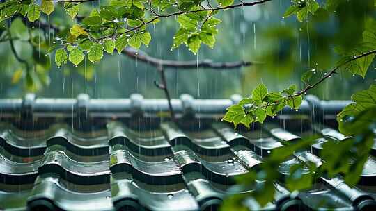 4K阴雨天屋顶瓦片春天树叶特写