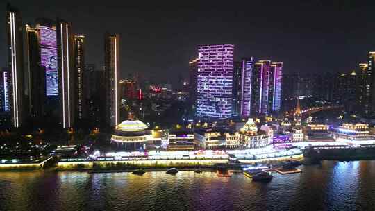 长沙渔人码头江景灯光秀航拍