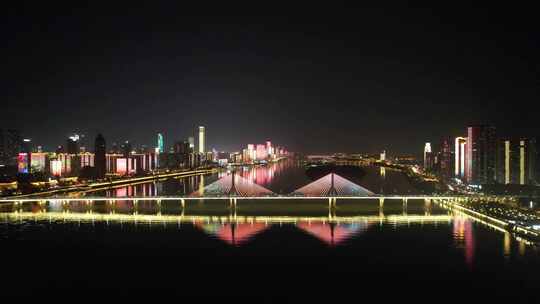 湖南长沙湘江两岸夜景灯光桥梁航拍