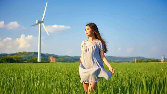 风车下的少女漫步田野 绿色有机 文艺女性