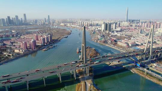 天津滨海新区海河大桥航拍视频素材模板下载
