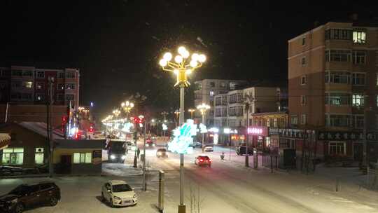 航拍东北城市雪夜灯光夜景