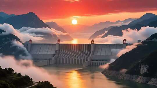 航拍云雾缭绕下的长江三峡大坝日出壮丽延时