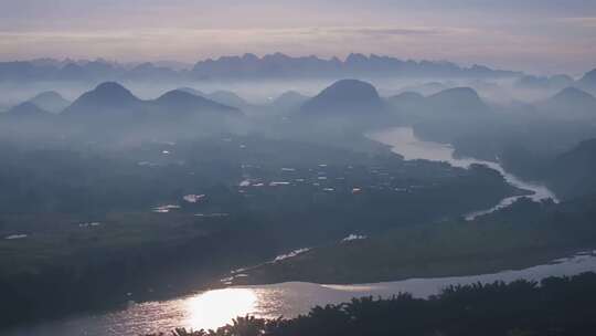 桂林山水水墨漓江航拍延时