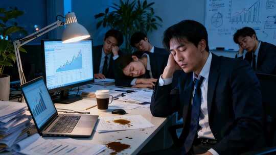 商务团队加班疲劳996职场压力场景