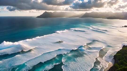 海上波浪与远山全景