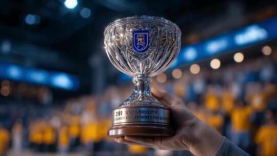 手捧奖杯庆祝胜利的喜悦时刻