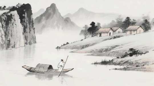 水墨画中古人撑船山水景